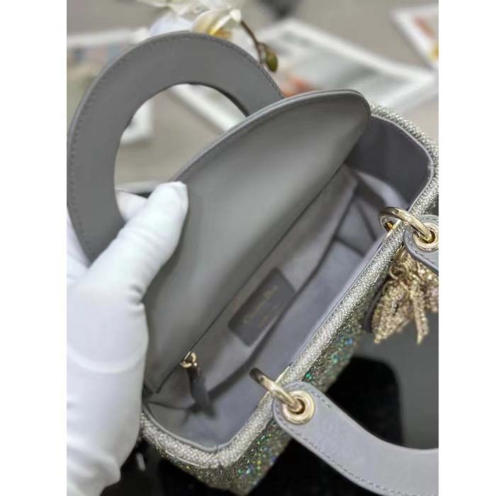 Dior Women CD Small Lady Dior Bag Gray Smooth Calfskin Satin Bead Embroidery