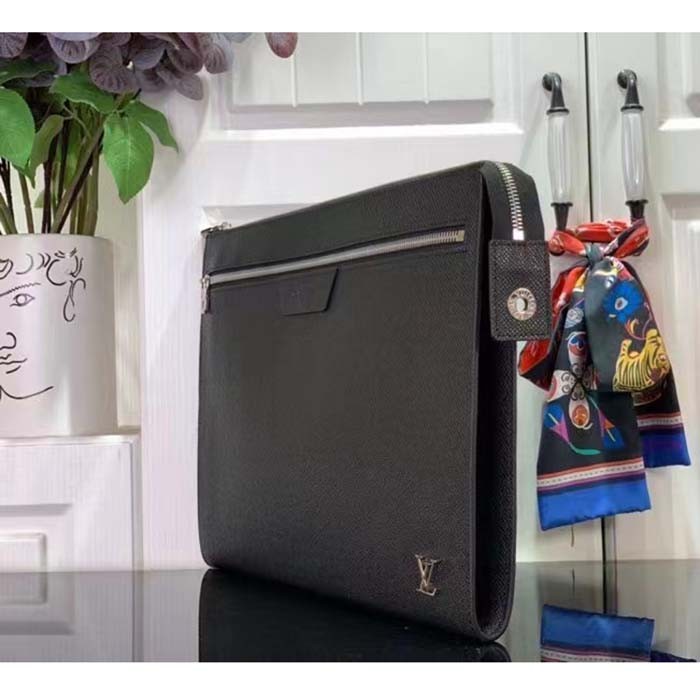 Louis Vuitton LV Unisex Pochette 24H Black Taiga Cowhide Leather Zip Closure