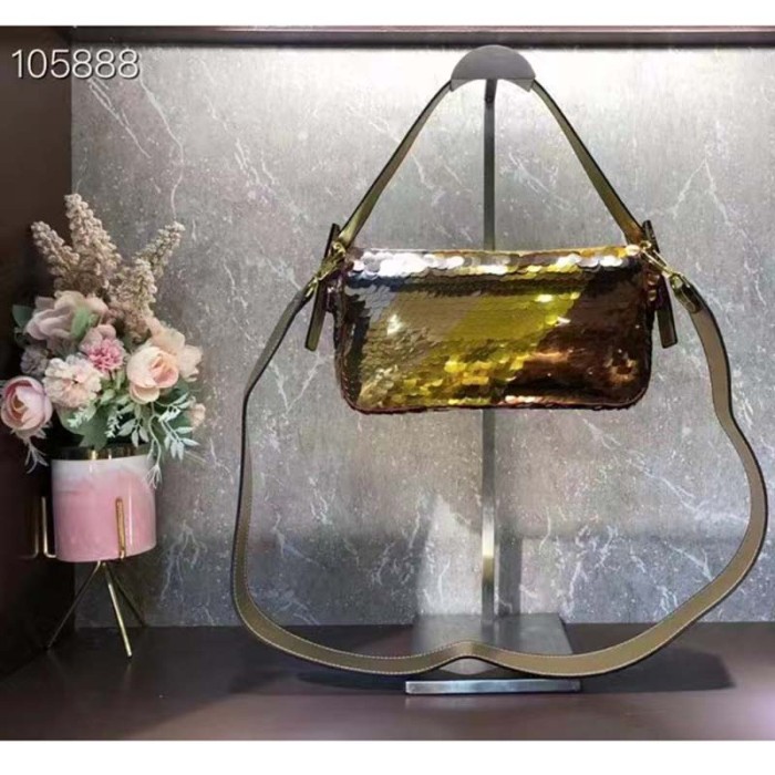 Fendi Women Baguette 1997 Gold Colored Leather Sequinned Bag