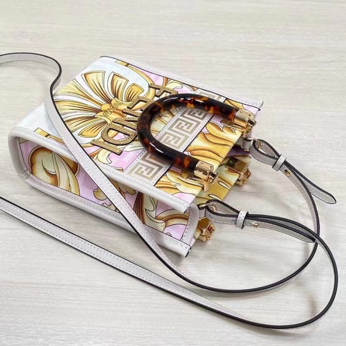 Fendi Women Mini Sunshine Shopper Fendace Printed White FF Leather Mini Bag