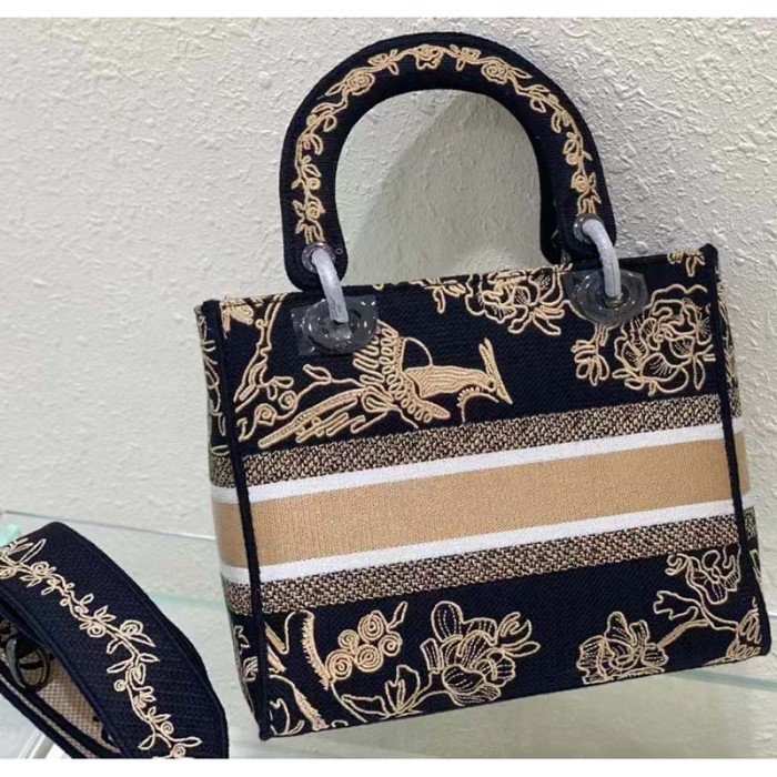 Dior Women CD Medium Lady D-Lite Bag Black Cornely-Effect Jardin D'Hiver Embroidery