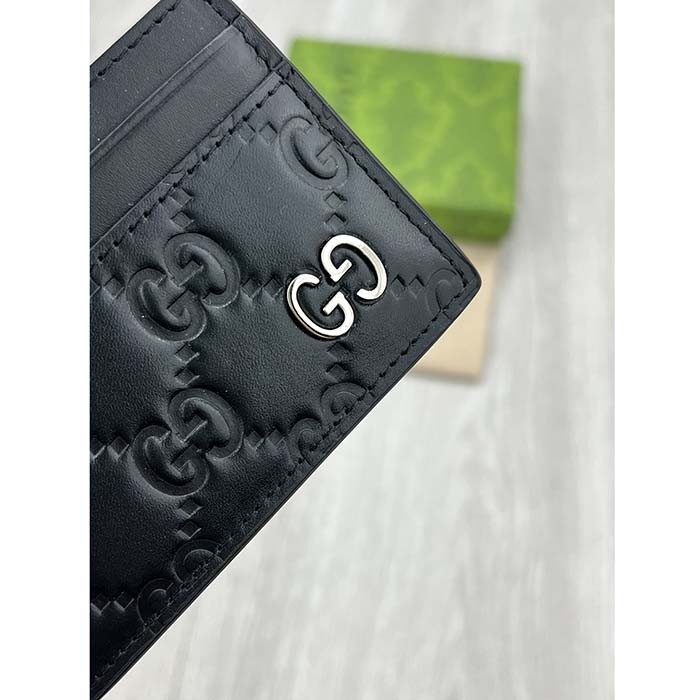 Gucci Unisex GG Gucci Signature Card Case Black Leather Metal Four Card Slots