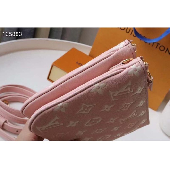 Louis Vuitton Double Zip Pochette Pink Monogram Empreinte Embossed Supple Grained Cowhide