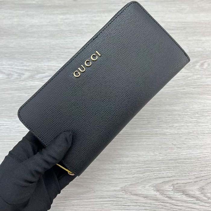 Gucci Unisex GG Zip Around Wallet Gucci Script Black Leather Taffeta