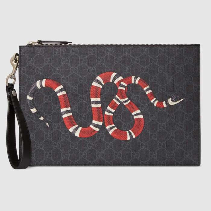 Gucci GG Men Gucci Bestiary Pouch with Kingsnake in Black/Grey GG Supreme Canvas