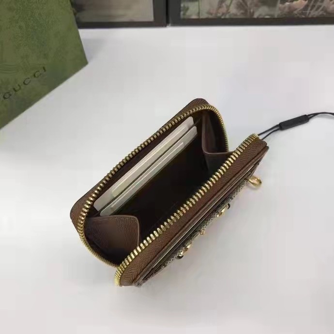 Gucci Unisex 1955 Horsebit Card Case Wallet Beige Ebony GG Supreme Canvas