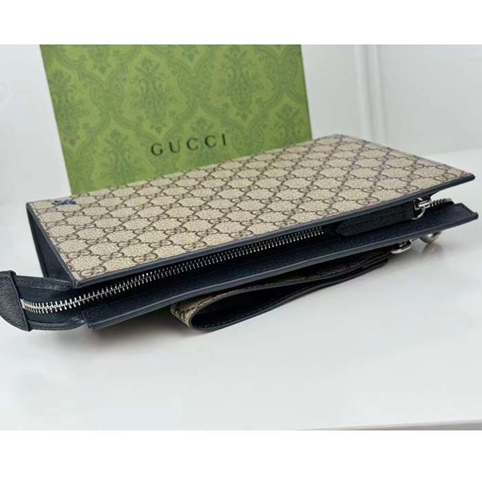 Gucci Unisex Pouch GG Detail Beige Ebony GG Supreme Canvas Blue Leather Style ‎768255 FACQC 9751