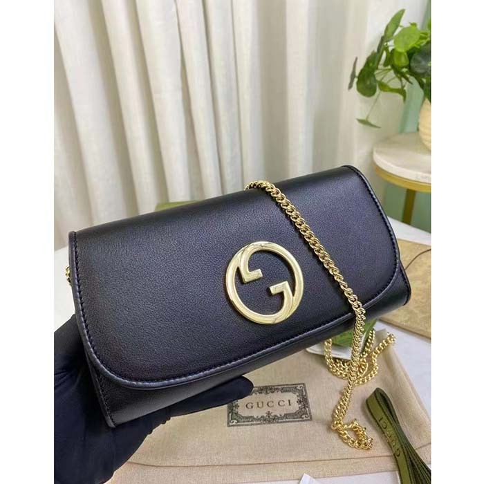 Gucci Women GG Blondie Continental Chain Wallet Black Leather Round Interlocking G