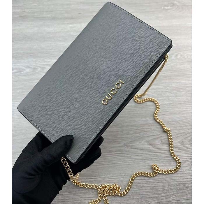 Gucci Women GG Chain Wallet Gucci Script Pale Green Leather Taffeta