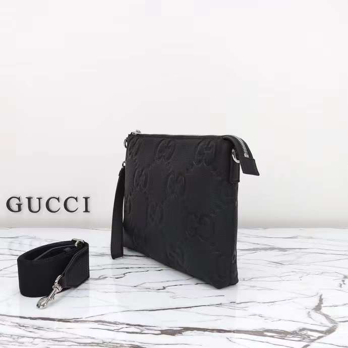 Gucci Unisex Jumbo GG Medium Messenger Bag Black Leather Zip Closure