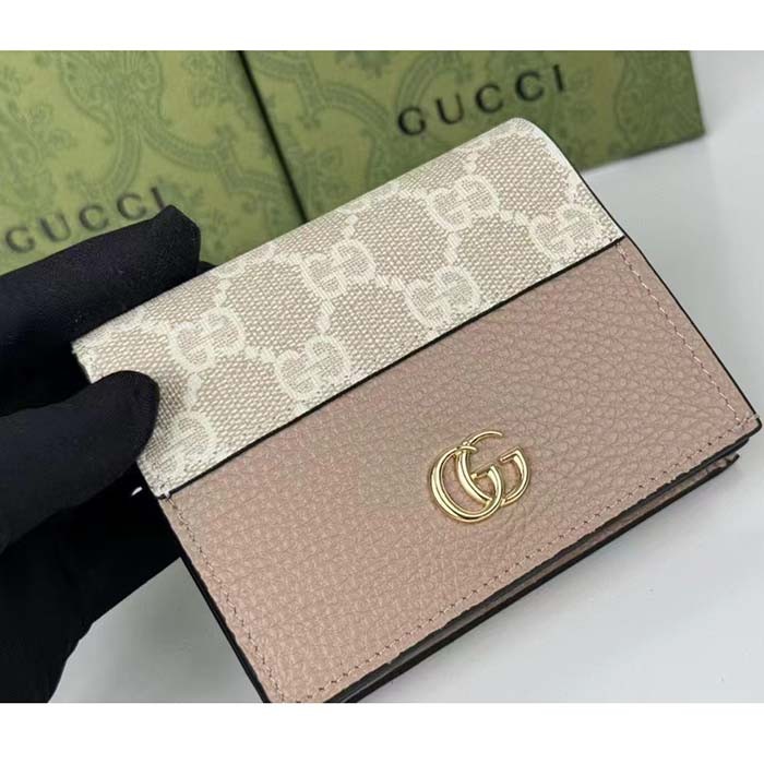 Gucci Unisex GG Marmont Card Case Wallet Double G Beige White GG Supreme Canvas Pink Leather Style ‎658610 AACFE 9543