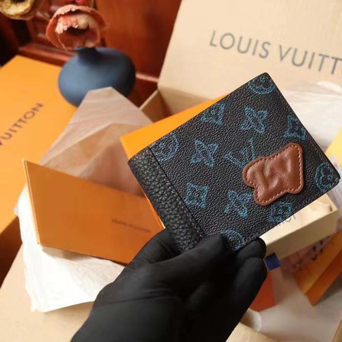 Louis Vuitton LV Unisex Slender Wallet Blue Monogram Coated Canvas Bill Compartment