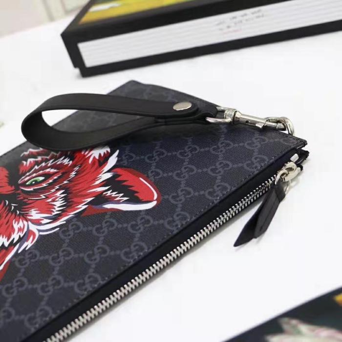 Gucci GG Men Gucci Bestiary Pouch with Wolf in Black and Grey GG Supreme Canvas