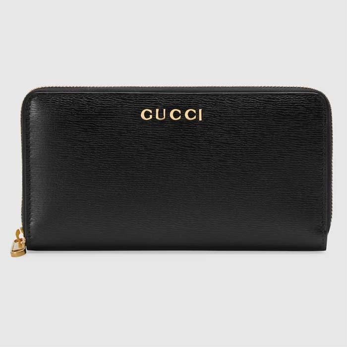 Gucci Unisex GG Zip Around Wallet Gucci Script Black Leather Taffeta