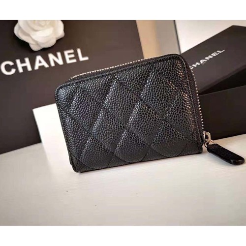 Chanel Women Classic Zipped Coin Purse in Grained Calfskin & Silver-Tone Metal-Black
