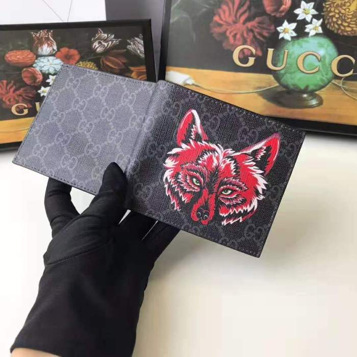 Gucci GG Men GG Supreme Wallet with Wolf in Black and Grey GG Supreme Canvas