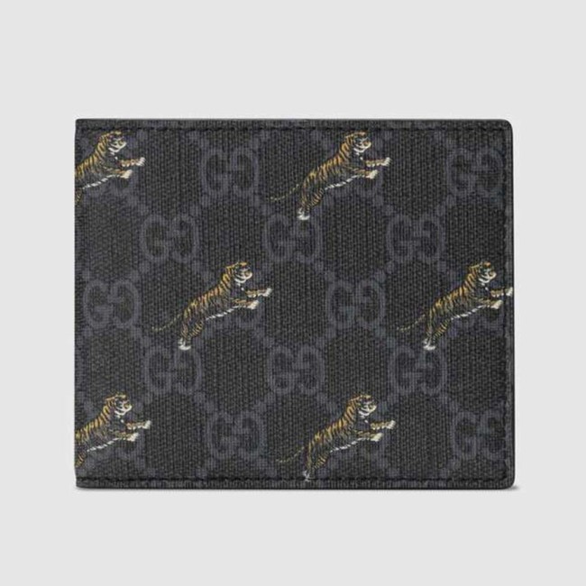 Gucci GG Men GG Wallet with Tiger Print in Black/Grey GG Supreme Canvas