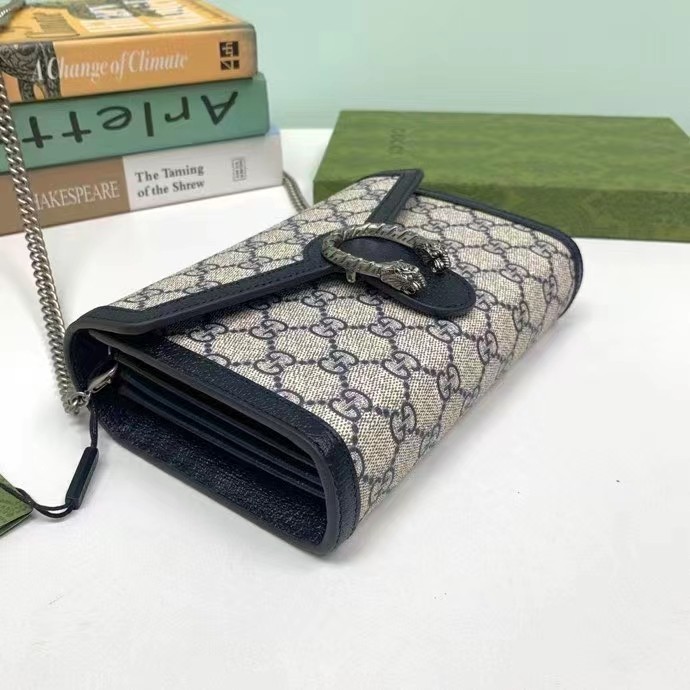 Gucci Women Dionysus GG Mini Chain Wallet Beige Blue GG Supreme Canvas Leather