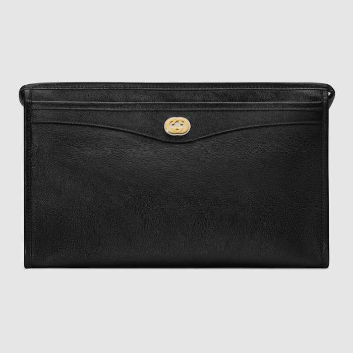 Gucci GG Men Pouch with Interlocking Bag in Black Soft Leather
