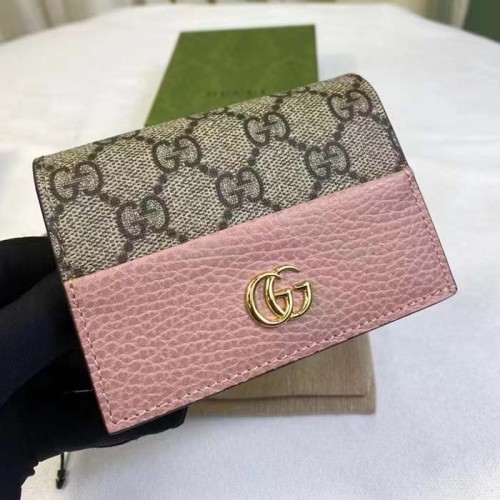 Gucci Women GG Marmont Card Case Wallet Pink Double G Beige Ebony Supreme Canvas