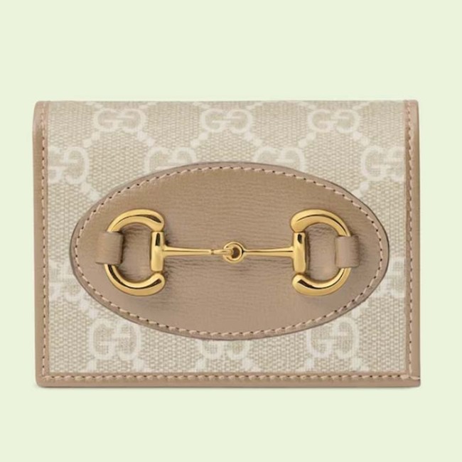 Gucci Unisex Horsebit 1955 Card Case Wallet Beige White GG Supreme Canvas