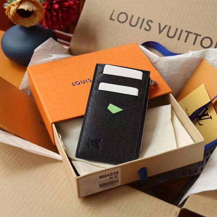 Louis Vuitton LV Unisex Coin Card Holder Taiga Cowhide Leather 4 Card Slots