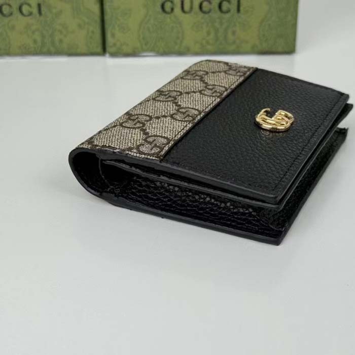 Gucci Unisex GG Marmont Card Case Wallet Double G Beige Ebony GG Supreme Canvas Black Leather Style ‎658610 17WAG 1283