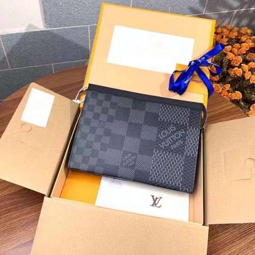 Louis Vuitton LV Unisex Pochette Voyage Gray Damier Graphite 3D Coated Canvas Black Cowhide Leather