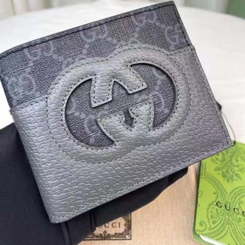 Gucci Unisex Wallet Cut-Out Interlocking G Black Grey GG Supreme Canvas
