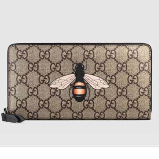 Gucci GG Men Bee Print GG Supreme Zip Around Wallet in Beige/Ebony GG Supreme