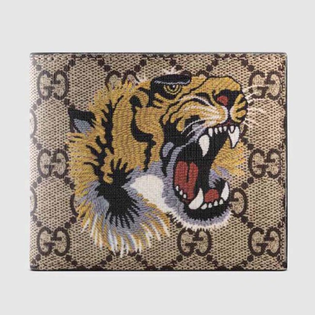 Gucci GG Men Tiger Print GG Supreme Wallet in Beige/Ebony GG Supreme