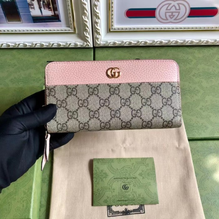 Gucci Unisex GG Marmont Zip Around Wallet Pink Viscose Lining Double G