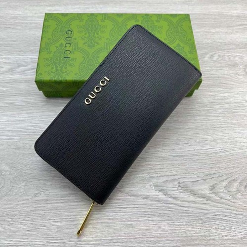 Gucci Unisex GG Zip Around Wallet Gucci Script Black Leather Taffeta