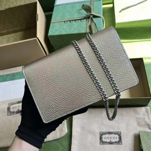 Gucci Women GG Marmont Mini Chain Bag Metallic Silver Leather Double G