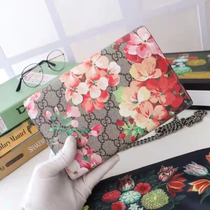 Gucci Women GG Dionysus Blooms Print Mini Chain Bag Beige Ebony Supreme Canvas