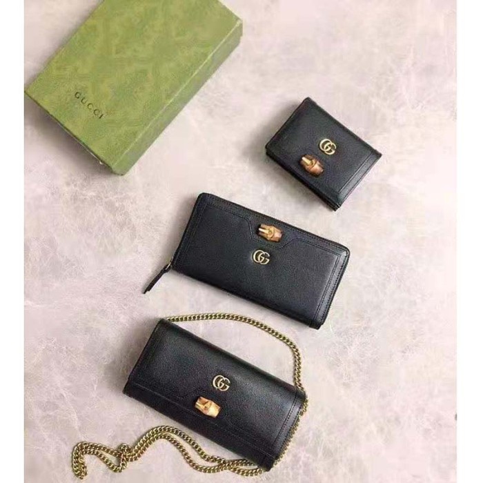 Gucci Women Gucci Diana Card Case Wallet Double G Black Leather