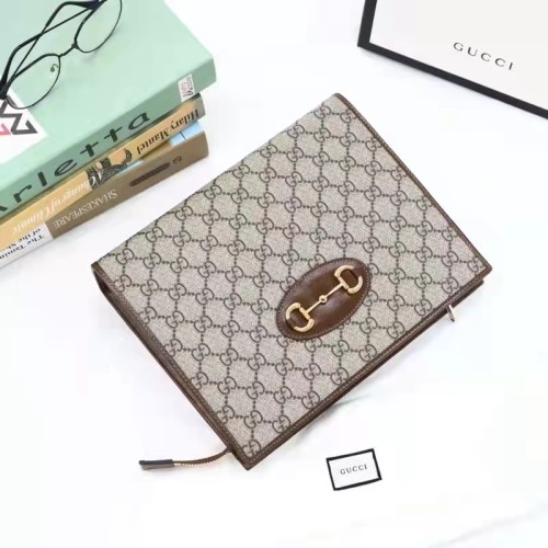 Gucci Unisex GG Horsebit 1955 Pouch Brown Beige Ebony GG Supreme Canvas
