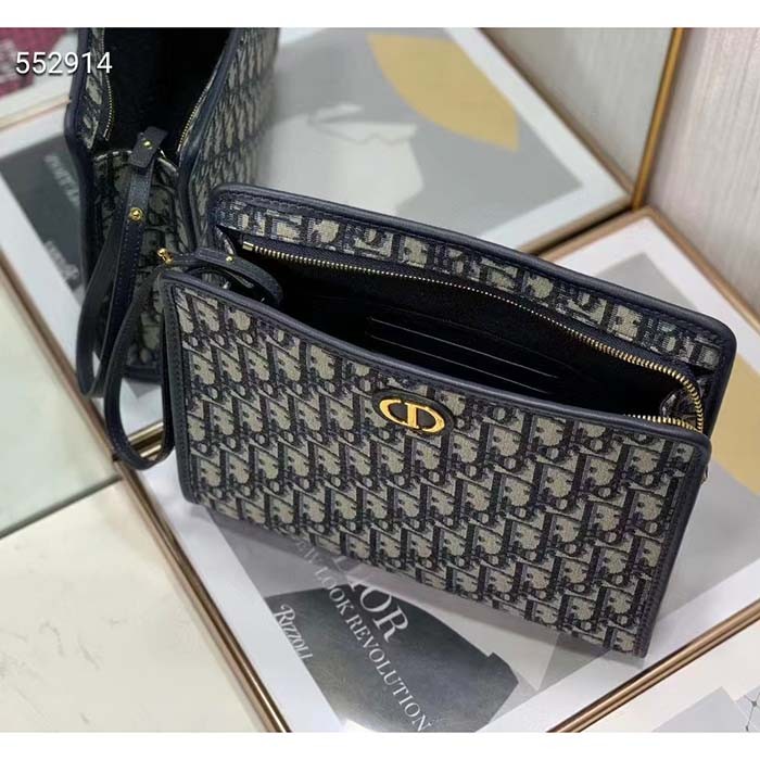 Dior Unisex CD Medium 30 Montaigne Pouch Blue Dior Oblique Jacquard