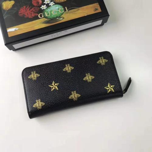 Gucci GG Unisex Bee Star Leather Zip Around Wallet in Black Metal-Free Tanned Leather