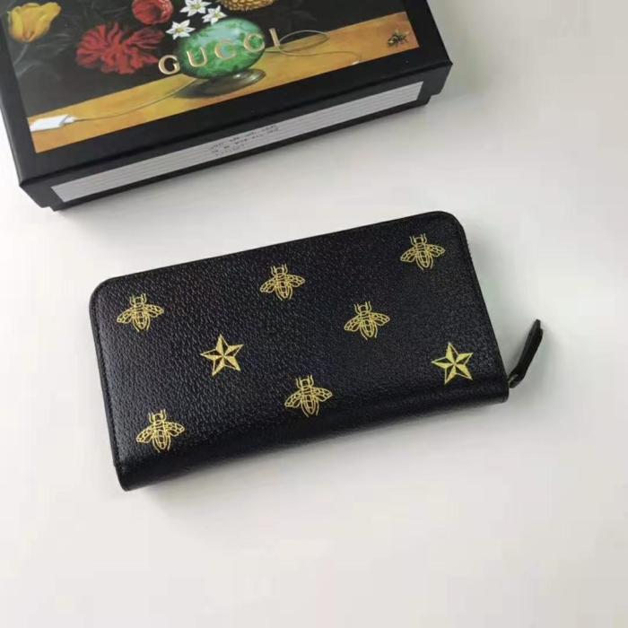 Gucci GG Unisex Bee Star Leather Zip Around Wallet in Black Metal-Free Tanned Leather