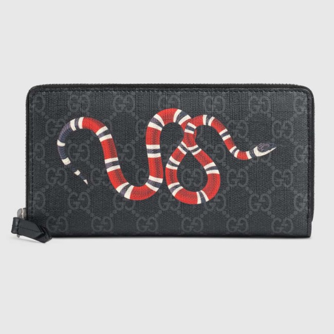 Gucci GG Men Kingsnake Print GG Supreme Zip Around Wallet in Black/Grey GG Supreme Canvas
