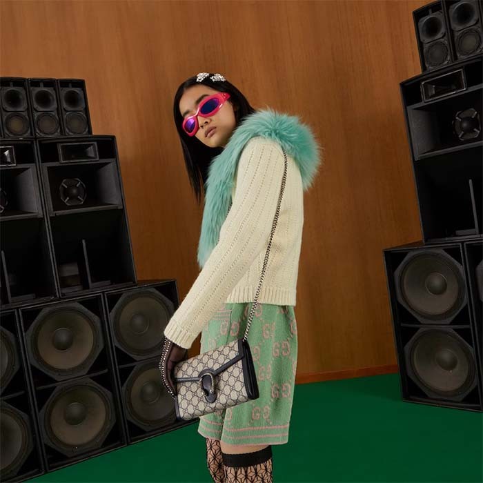 Gucci Women Dionysus GG Mini Chain Wallet Beige Blue GG Supreme Canvas Leather