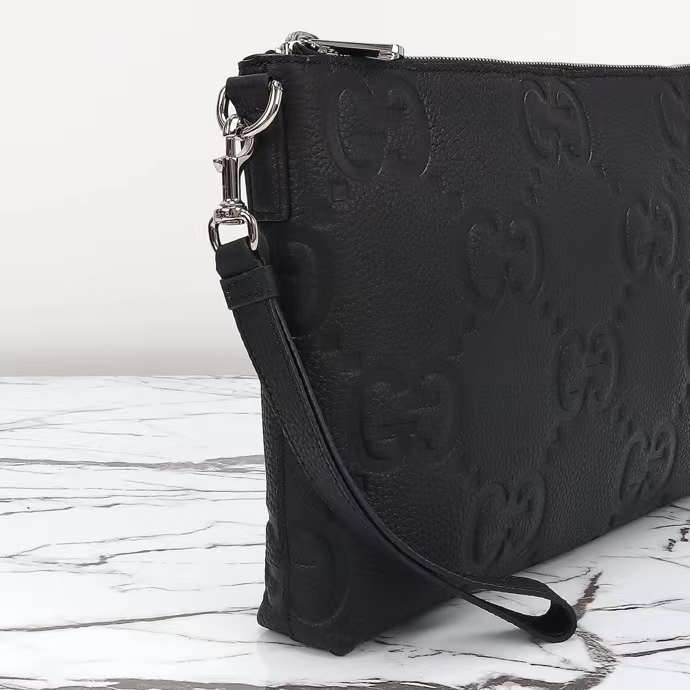 Gucci Unisex Jumbo GG Medium Messenger Bag Black Leather Zip Closure