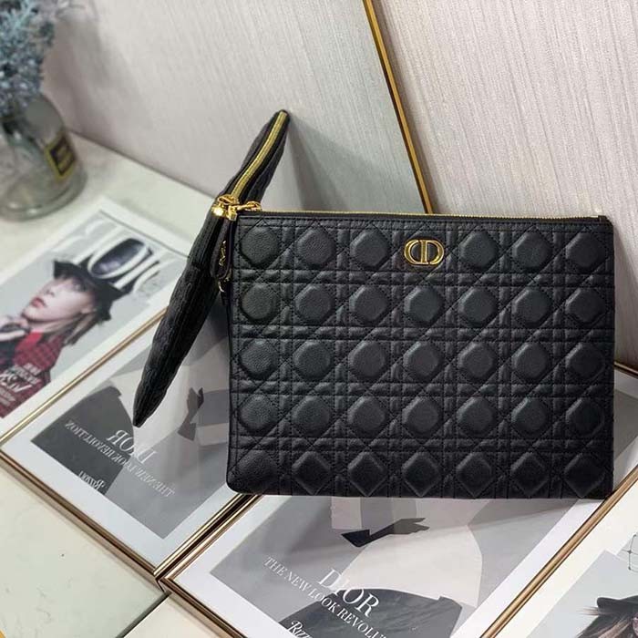Dior Unisex CD Large Caro Daily Pouch Black Supple Cannage Calfskin