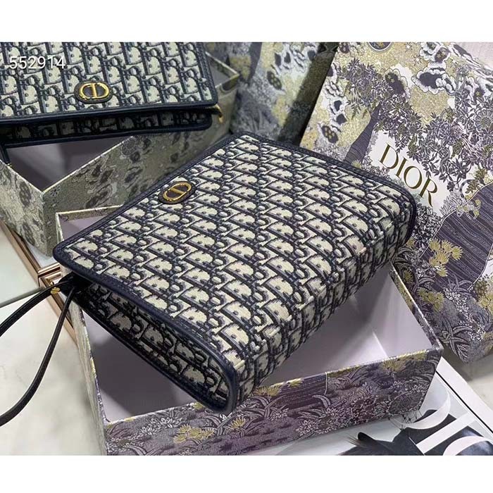 Dior Unisex CD Medium 30 Montaigne Pouch Blue Dior Oblique Jacquard