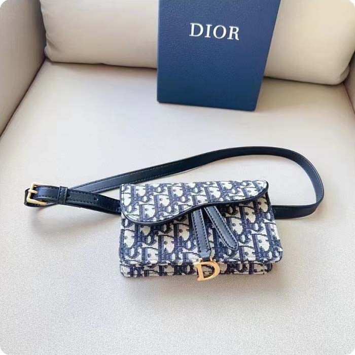 Dior Unisex CD Saddle Belt Pouch Blue Oblique Jacquard Front 'D' Stirrup