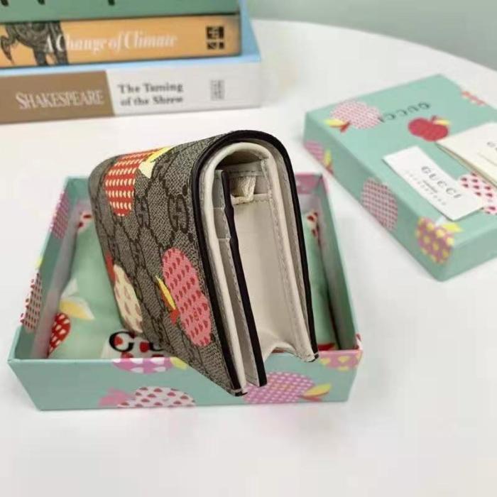 Gucci Unisex Gucci Les Pommes Card Case Wallet Beige Brown Ebony GG Supreme Canvas