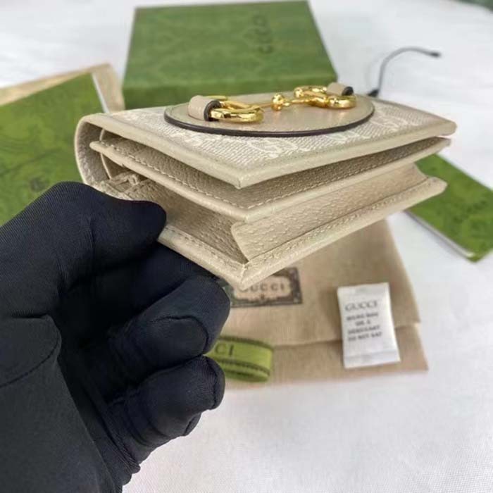 Gucci Unisex Horsebit 1955 Card Case Wallet Beige White GG Supreme Canvas