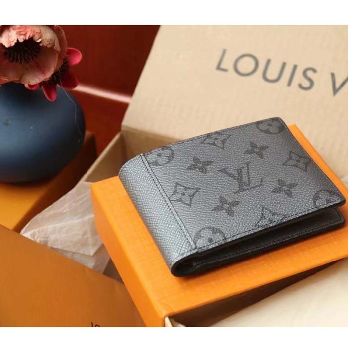Louis Vuitton LV Unisex Multiple Wallet Gunmetal Gray Monogram Coated Canvas Taiga Cowhide