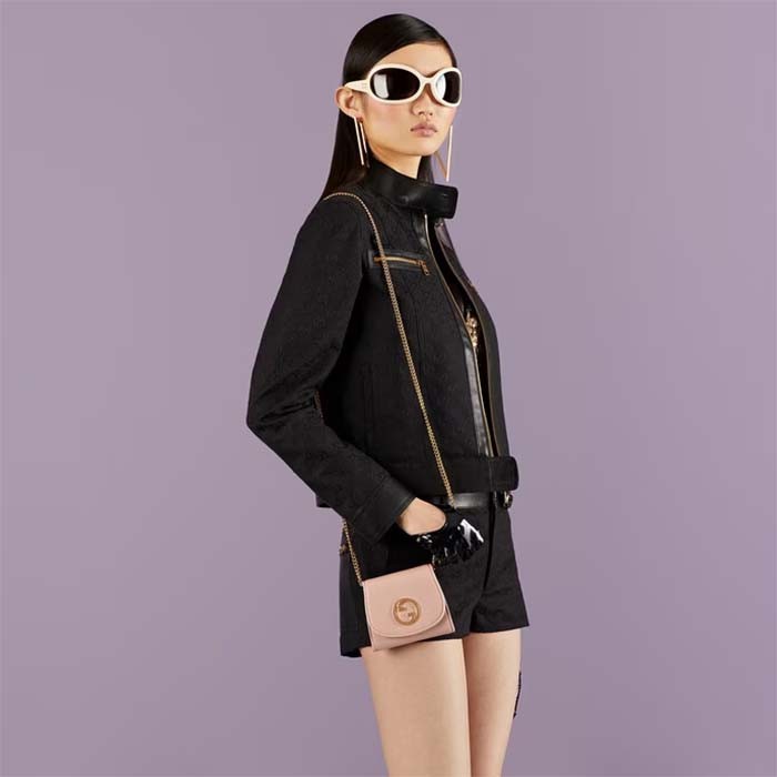 Gucci Women GG Blondie Medium Chain Wallet Pink Leather Round Interlocking G